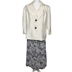Allyson Cara Skirt Suit Set 18 Cream Black White Palm Print Good 3/4 Sleeve